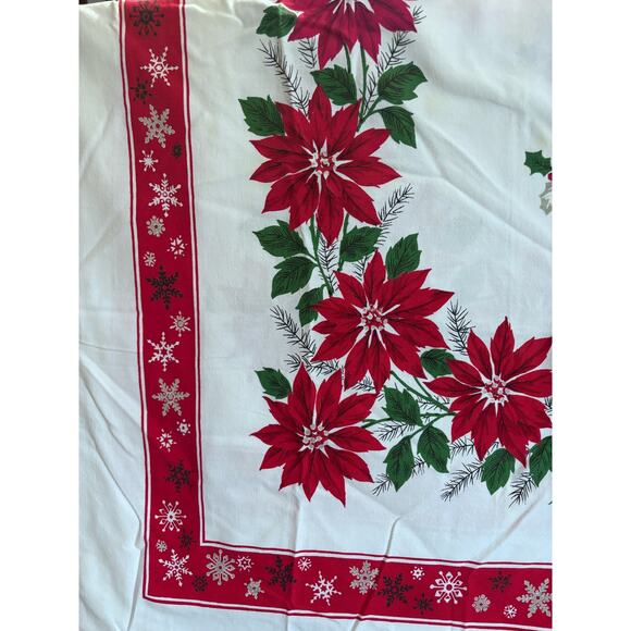 Vintage Linen Christmas Poinsettia Tablecloth 50” X 64” FLAWED - Picture 2 of 9